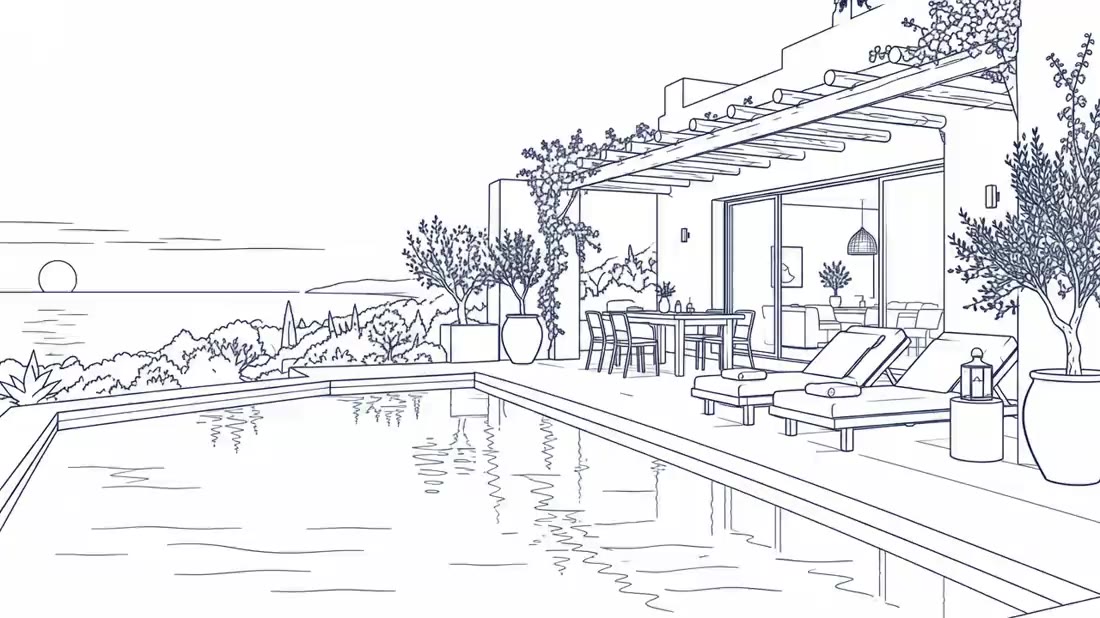 Ilustración de una casa de alquiler vacacional con piscina